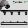 A collage of images showing a black four-light ceiling spotlight fixture, its individual components, and mounting hardware. Voir les images du produit