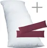 A white body pillow with two burgundy pillowcases and a plus sign icon. Produktbild-Vorschau
