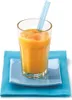 A glass of orange smoothie on a blue napkin and plate. Anteprima dell’immagine prodotto