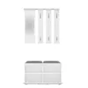 A white hallway furniture set with a mirror and coat hooks above a shoe bench with gray cushions. Podgląd zdjęcia produktu