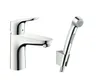 A chrome faucet and a bidet sprayer are displayed against a white background. Produktbild-Vorschau