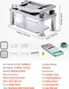 A product shot of a vegetable chopper with accompanying accessories and dimensions. Produktbild-Vorschau
