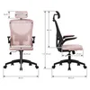 Front and side views of a pink ergonomic office chair with dimensions indicated by measurement lines and text. Produktbild-Vorschau