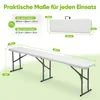 Diagram showing the dimensions of a folding bench before and after folding, with a folded bench shown above and an unfolded bench shown below. Produktbild-Vorschau
