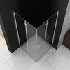 A corner shower enclosure with glass doors and silver metal frames, set against a black wall and white tiled floor. Produktbild-Vorschau
