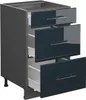A three-drawer cabinet with dark blue high-gloss fronts and gray sides, shown from a three-quarter angle with the top drawer slightly ajar. Náhled obrázku produktu