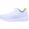A side view of a white sneaker with rainbow accents on the inside lining and speckled sole. Produktbild-Vorschau