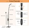 Diagrams and text explaining the features and operation of an LED floor lamp. Produktbild-Vorschau