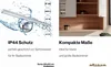 A split image showing a bathroom light fixture with water splashes on the left and a bathroom cabinet on the right, with descriptive text below each. Produktbild-Vorschau
