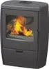 A black wood-burning stove with a glass door showing a fire. Podgląd zdjęcia produktu