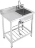 A stainless steel commercial kitchen sink with a faucet and a drain pipe, shown on a white background. Produktbild-Vorschau