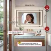 A bathroom vanity with a mirror, sink, and faucet, featuring measurement guides and instructions. Náhľad obrázku produktu