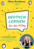 A bright yellow background with illustrations and text promoting a German language learning course. Voir les images du produit