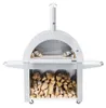 A stainless steel wood-fired pizza oven with firewood stored underneath. Produktbild-Vorschau