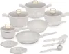 A collection of white cookware with gold accents, including pots, pans, and utensils, arranged on a white background. Produktbild-Vorschau