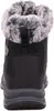 The back view of a black winter boot with a grey faux fur lining. Voir les images du produit
