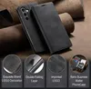 A black leather phone case is displayed on a textured brown background, with four circular insets showing close-up details of the case and its features. Produktbild-Vorschau