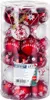 A clear, well-lit image of a cylindrical package containing red and white Christmas baubles. Produktbild-Vorschau