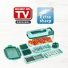 A product shot of a vegetable chopper with various attachments and chopped vegetables inside, set against a light-colored background. Promotional logos are visible in the top left and top right corners. Voir les images du produit