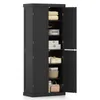 A black storage cabinet with its doors open, revealing shelves stocked with folded linens, boxes, and baskets. Voir les images du produit