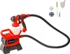 A red and black paint sprayer with a white container and a black hose, shown against a white background. Several accessories are arranged in the upper right corner. Produktbild-Vorschau