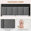 A collage showing a bed frame's headboard, a close-up of the fabric, and a hand pressing into a soft surface. Voir les images du produit