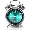 A close-up studio shot of a retro alarm clock with a teal face and silver bells. Voir les images du produit