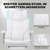 A white gaming chair with blue accents, shown in a collage with close-up shots of its features and text overlays. Podgląd zdjęcia produktu