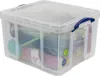A transparent storage box filled with various items. Voir les images du produit