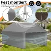 A grey carport tent shown in an outdoor setting with close-up insets highlighting its features. Produktbild-Vorschau
