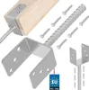 A collection of metal post anchors and screws, with a piece of wood showing how one anchor attaches to it. Podgląd zdjęcia produktu