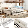 A collage of images showing a beige upholstered bed with storage drawers and LED lighting, along with close-ups of the drawer mechanism and headboard storage. Anteprima dell’immagine prodotto
