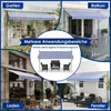 A collage of four images showing awnings in different settings: a garden, a balcony, a shop front, and a house window. A central graphic displays a furniture set under an awning. Náhled obrázku produktu