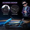 A young boy wearing sunglasses stands with his arms crossed next to a blue electric go-kart. Insets show close-ups of the go-kart's seat and seatbelt. Produktbild-Vorschau