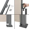 Collage of four images showing details of a retractable side awning, including assembly parts, a hand operating the handle, and base mounting. Produktbild-Vorschau