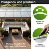 A patio with a large sectional sofa under a modern canopy, with promotional text and graphics on the right side. Produktbild-Vorschau