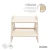A light wood step stool for children, with text overlays providing product information and eco-friendly certifications. Náhľad obrázku produktu