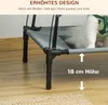 Close-up of a raised dog bed with text overlays highlighting its features. Produktbild-Vorschau