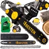 A collage of images showing a chainsaw, oil, spare parts, and wood. Náhled obrázku produktu