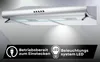 A silver kitchen range hood with LED lighting and control buttons, presented with a marketing overlay. Produktbild-Vorschau