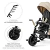 A close-up of a beige and black Kinderkraft EASYTWIST tricycle, with inset diagrams highlighting features. Produktbild-Vorschau