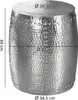 A silver hammered metal side table with dimensions indicated. Náhled obrázku produktu