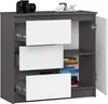 A modern gray and white dresser with three drawers and a cabinet door, displaying books on a shelf. Podgląd zdjęcia produktu