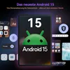 A tablet displaying the Android 15 logo and interface elements, surrounded by app icons and feature highlights. Produktbild-Vorschau