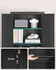 A collage of images showing a black metal storage cabinet with open doors, displaying books, headphones, a speaker, and a decorative item. Close-up views show shelf adjustment detail and a hand placing a shelf. Náhled obrázku produktu