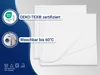 A white textile product, likely a cover or sheet, is shown with informational overlays and logos on a blue and white background. Produktbild-Vorschau