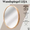 A round mirror with a wooden frame is shown, with text and icons highlighting its features. Produktbild-Vorschau
