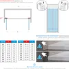 Diagrams and tables showing installation dimensions and size options for a shower door. Produktbild-Vorschau