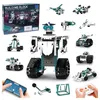 A collage of a building block robot kit, showing the box, the main robot, and various other models that can be built, along with a smartphone app interface and a remote control. Náhled obrázku produktu