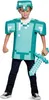 A young boy is posing in a Minecraft-themed diamond armor costume, holding a toy sword. Produktbild-Vorschau
